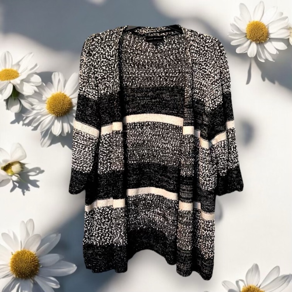 Lane Bryant Black White Gray Striped Open Cardigan Sweater Plus Size 22 24 Knit